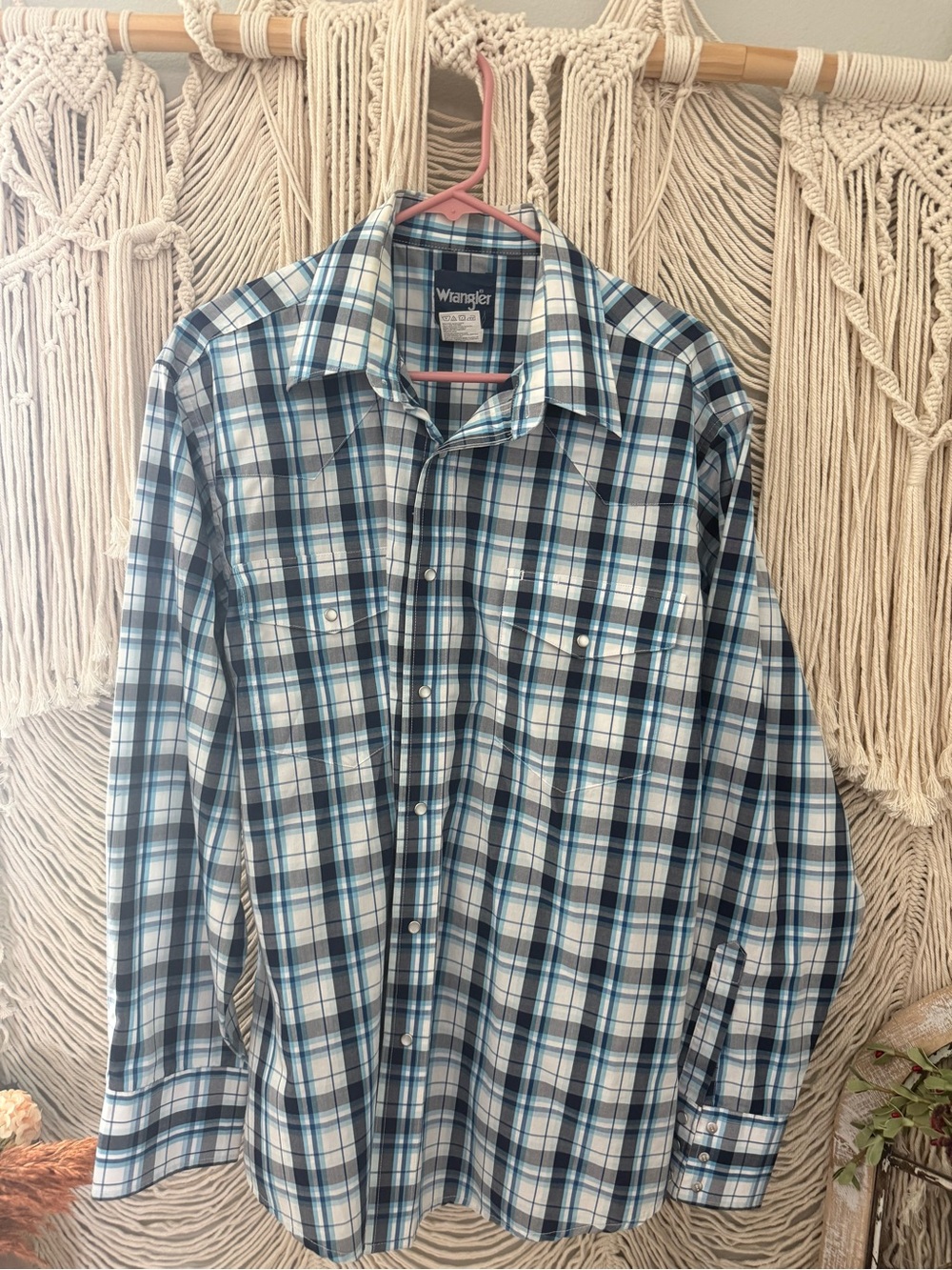 Wrangler Men’s Blue Plaid pearl snap  Long-Sleeve Western Shirt